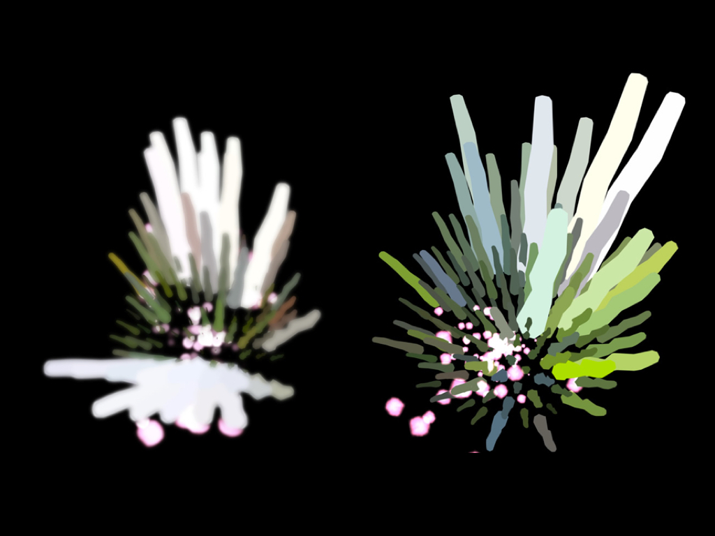 A Conversation Between Trees - visualisations of data of tree in UK forest on right and tree in Mata Atlantica Brazil on left