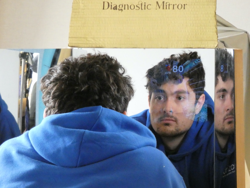 Man looking in a mirror with a sign in gold titled 'Diagnostic Mirror' and faint images like feathers appearing over his reflection