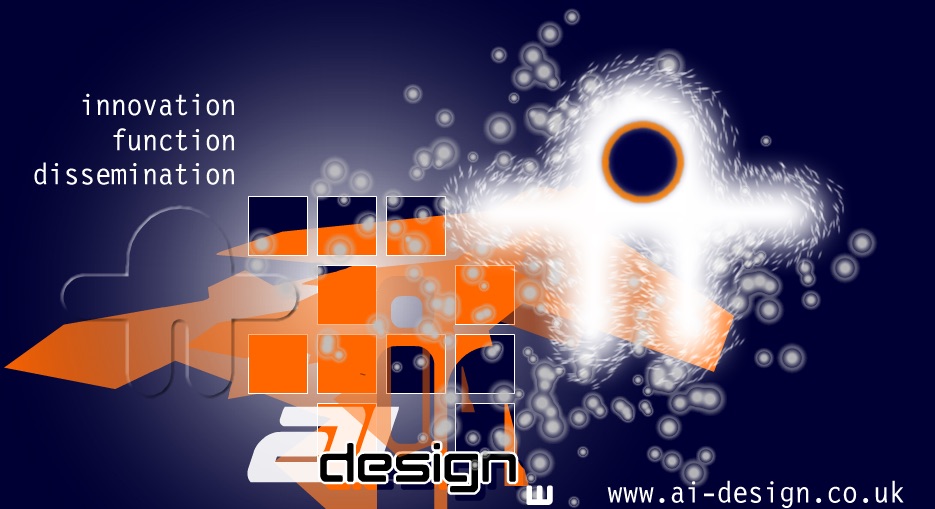 A graphical advert for AI Design with a figure of a person in white with a black head and white blobs, orange shapes and the letters 'ai' and web addresss www.ai-design.co.uk